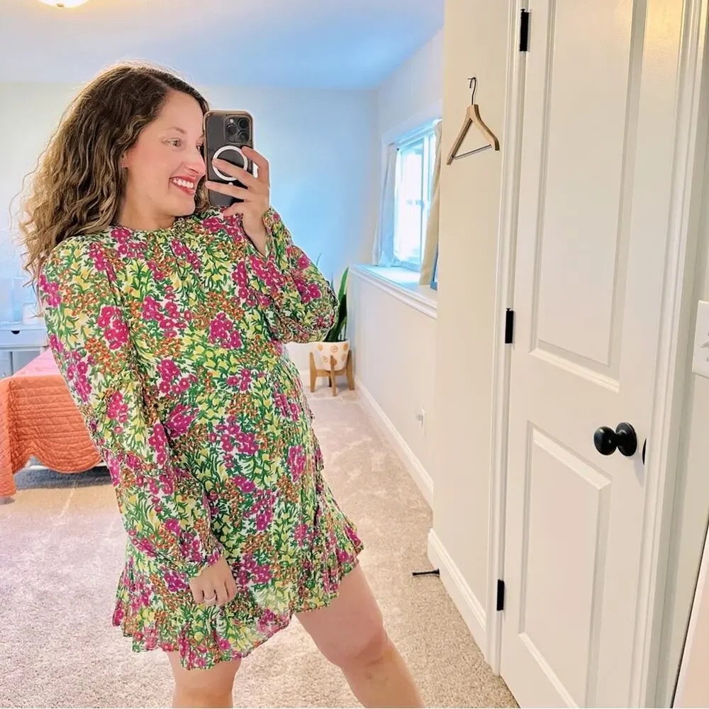 Tuckernuck Banjanan Green Pink Botanical Floral Cotton Long Sleeve Mini Dress S